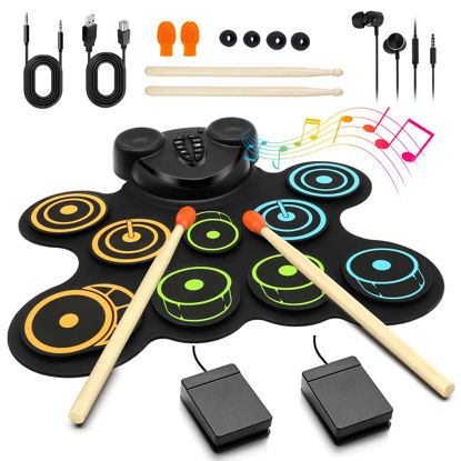 Picture of BESFAN Portable Electronic Drum Pad Set for Kids - 10 Pads Roll up Drum Practice Pad with Pedals & Stick, Headphone, Musical Instruments for Kids Age 6-9, Great Holiday Christmas & Birthday Gift