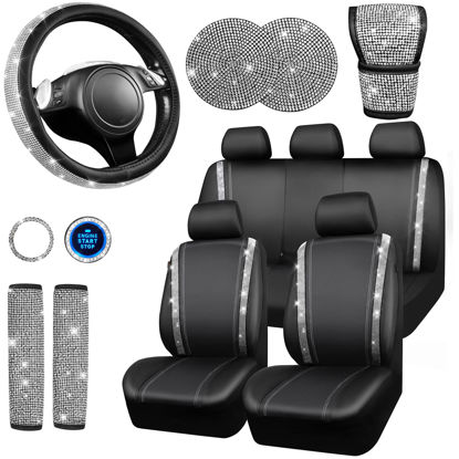 Picture of CAR PASS Leather Diamond Bling Seat Covers Full Sets 16 pcs, Bling Car Accessories Set for Women, Sparkly Rhinestone Steering Wheel Cover, Glitter Cute Car Interior Sets for Women Girl, Silver Diamond