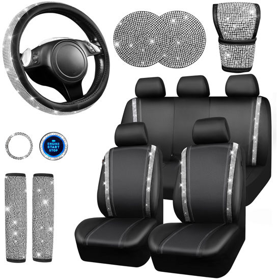 Picture of CAR PASS Leather Diamond Bling Seat Covers Full Sets 16 pcs, Bling Car Accessories Set for Women, Sparkly Rhinestone Steering Wheel Cover, Glitter Cute Car Interior Sets for Women Girl, Silver Diamond