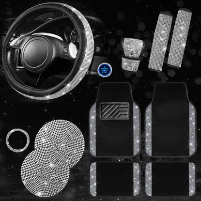 Picture of CAR PASS 11 PCS Bling Car Mats Accessories for Women, Sparkly Rhinestone Diamond Steering Wheel Cover, Bling Seat Belt Cushion, Glitter Shift Knob Cover, Car Cup Holder Coaster, Interior Sets Silver