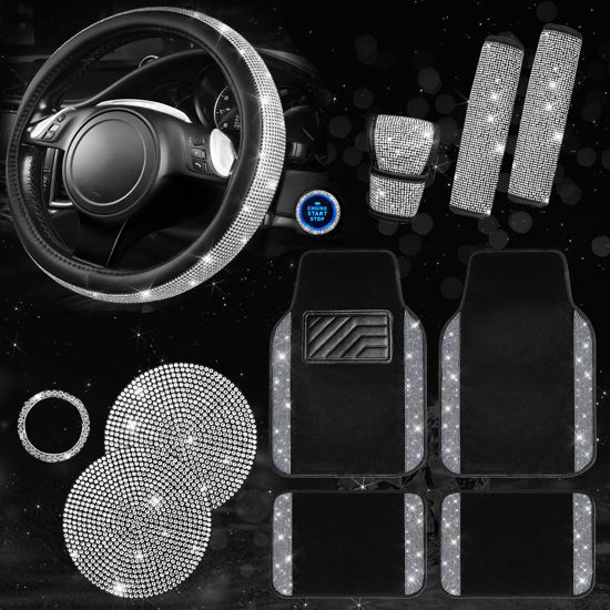 Picture of CAR PASS 11 PCS Bling Car Mats Accessories for Women, Sparkly Rhinestone Diamond Steering Wheel Cover, Bling Seat Belt Cushion, Glitter Shift Knob Cover, Car Cup Holder Coaster, Interior Sets Silver