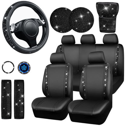 Picture of CAR PASS Leather Diamond Bling Seat Covers Full Sets 16 pcs, Bling Car Accessories Set for Women, Sparkly Rhinestone Steering Wheel Cover, Glitter Cute Car Interior Sets for Women Girl, Black Diamond