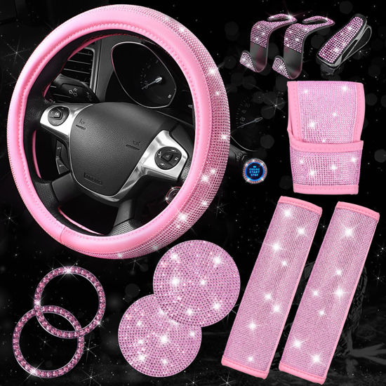Picture of CAR PASS 11 PCS Bling Car Accessories Set for Women, Sparkly Rhinestone Diamond Steering Wheel Cover, Bling Seat Belt Cushion, Shift Knob Cover, Push Start Button Ring, Car Cup Holder Coaster, Pink