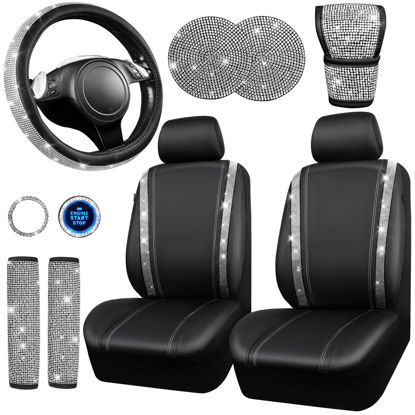 Picture of CAR PASS Diamond Bling Leather Seat Covers Set - 12 pcs Glitter Rhinestone Steering Wheel and Car Interior Accessory Set for Women - Silver
