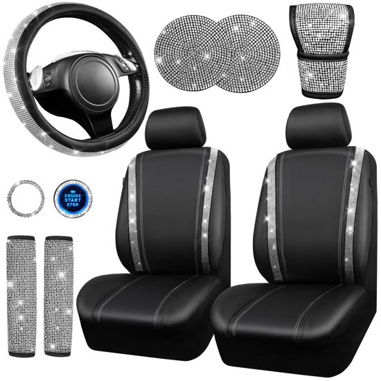 Picture of CAR PASS Diamond Bling Leather Seat Covers Set - 12 pcs Glitter Rhinestone Steering Wheel and Car Interior Accessory Set for Women - Silver