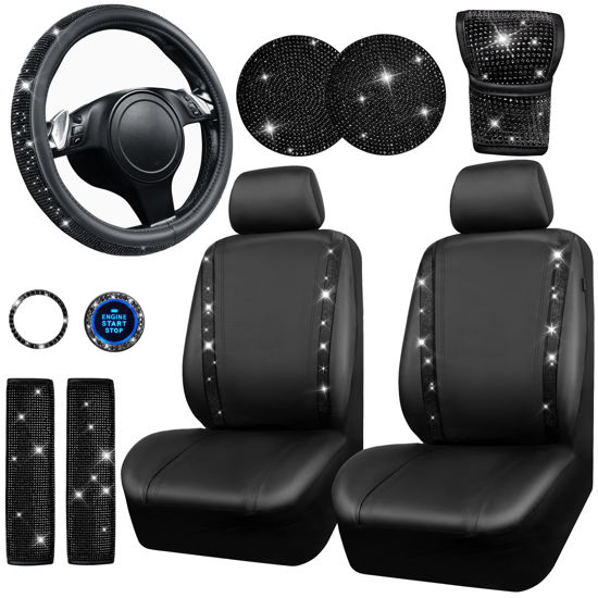 Picture of CAR PASS Leather Diamond Bling Seat Covers Sets 11 pcs, Bling Car Accessories Set for Women, Sparkly Rhinestone Steering Wheel Cover Sets, Glitter Cute Car Interior Sets for Women Girl, Black Diamond