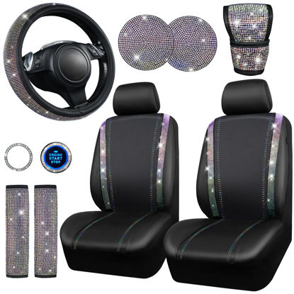 Picture of CAR PASS Leather Diamond Bling Seat Covers Sets 12pcs Bling Car Accessories Set for Women, Sparkly Rhinestone Steering Wheel Cover Set, Glitter Cute Car Interior Set for Women Girl, Multicolor Diamond