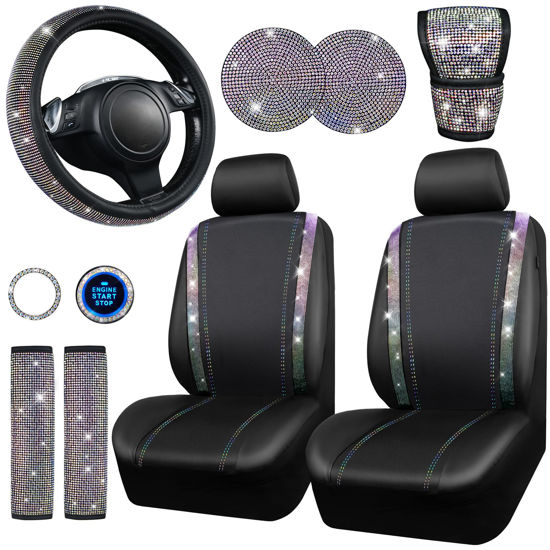 Picture of CAR PASS Leather Diamond Bling Seat Covers Sets 12pcs Bling Car Accessories Set for Women, Sparkly Rhinestone Steering Wheel Cover Set, Glitter Cute Car Interior Set for Women Girl, Multicolor Diamond