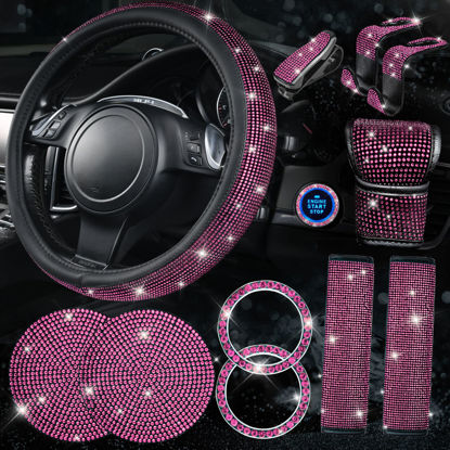 Picture of CAR PASS 11 PCS Bling Car Accessories Set for Women, Sparkly Rhinestone Diamond Steering Wheel Cover, Bling Seat Belt Cushion, Shift Knob Cover, Push Start Button Ring, Cup Holder Coaster, Black Pink