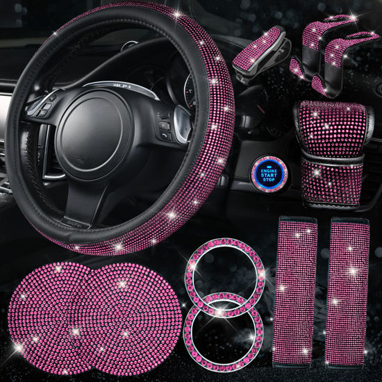 Picture of CAR PASS 11 PCS Bling Car Accessories Set for Women, Sparkly Rhinestone Diamond Steering Wheel Cover, Bling Seat Belt Cushion, Shift Knob Cover, Push Start Button Ring, Cup Holder Coaster, Black Pink