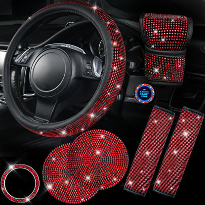 Picture of CAR PASS 7 PCS Bling Red Steering Wheel Cover Set for Women, Sparkly Rhinestone Diamond Bling Seat Belt Cushion, Glitter Shift Knob Cover, Car Cup Holder Coaster, Cute Interior Sets Red 14.5"-15"