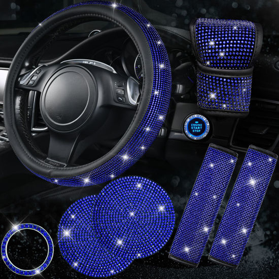 Picture of CAR PASS 7 PCS Bling Car Accessories for Women, Sparkly Rhinestone Diamond Steering Wheel Cover, Bling Seat Belt Cushion, Glitter Shift Knob Cover, Car Cup Holder Coaster, Cute Interior Sets Blue