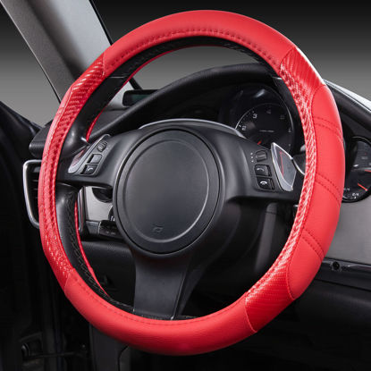 Picture of CAR PASS Line Rider Microfiber Leather Sporty Steering Wheel Cover Universal Fits for 95% Truck,SUV,Cars, Anti-Slip Safety Comfortable Desgin (Red-Carbon Fiber)