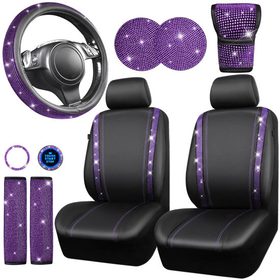 Picture of CAR PASS Leather Diamond Bling Seat Covers Sets 11 pcs, Bling Car Accessories Set for Women, Sparkly Rhinestone Steering Wheel Cover Sets, Glitter Cute Car Interior Sets for Women Girl, Violet Purple