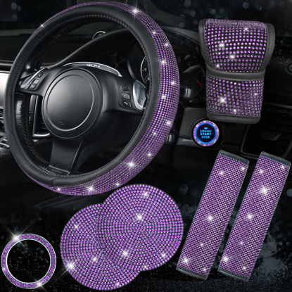 Picture of CAR PASS 7 PCS Bling Purple Car Steering Wheel Cover Set for Women, Sparkly Rhinestone Diamond Bling Seat Belt Cushion, Glitter Shift Knob Cover, Car Cup Holder Coaster, Interior Sets Violet 14.5"-15"