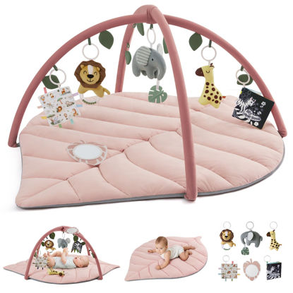 Picture of Blissful Diary Baby Play Gym & Activity Mat, Oversize Leaf Shaped Tummy Time Baby Play Mat w 6 Detachable Toys Promotes Motor Skills & Sensory Development, Newborn Infant Essentials Gift, Crystal Pink