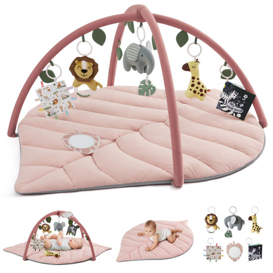 Picture of Blissful Diary Baby Play Gym & Activity Mat, Oversize Leaf Shaped Tummy Time Baby Play Mat w 6 Detachable Toys Promotes Motor Skills & Sensory Development, Newborn Infant Essentials Gift, Crystal Pink