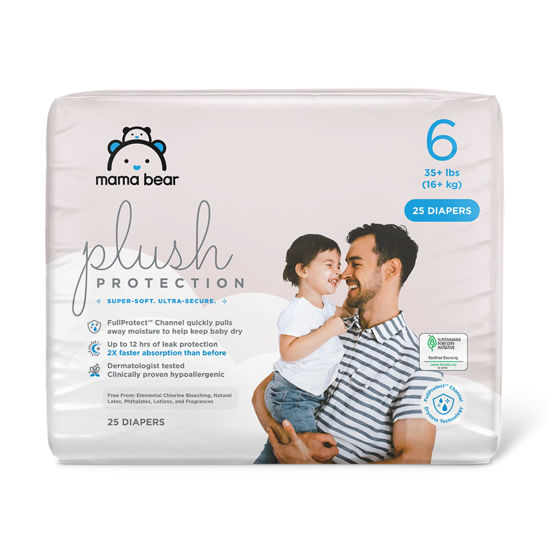 Picture of Amazon Brand - Mama Bear Plush Protection Diapers - Size 6, 25 Count, Hypoallergenic Premium Disposable Baby Diapers, White and Cloud Dreams
