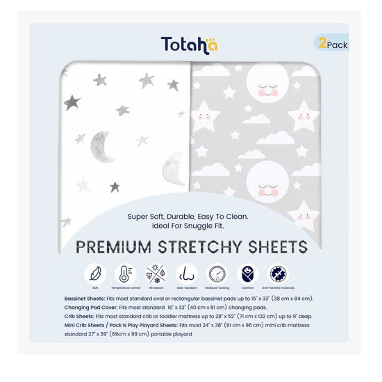 Picture of TotAha Premium Stretchy Changing Pad Cover, Buttery Soft Diaper Changing Pad Covers for Girls Boys, Super Stretchy Jersey Knit Changing Table Covers, 2 Pack, Moon & Grey Sky