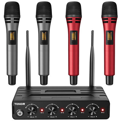 Picture of TONOR Wireless Microphones System with 4x10 Channels Cordless Handheld Microfono Inalambrico, UHF Mics with Stable Signal Transmission for Karaoke Singing Party Church Wedding PA Speaker 200ft Red