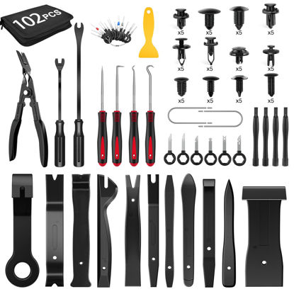 Picture of GOOACC 102Pcs Trim Removal Tool, Auto Push Pin Nylon Bumper Retainer Clip Set Fastener Terminal Remover Tool Round Handle Crowbar Kit Car/Radio Panel, Black