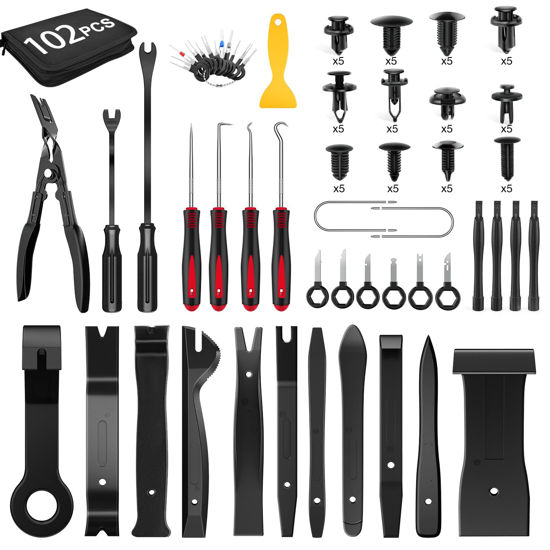 Picture of GOOACC 102Pcs Trim Removal Tool, Auto Push Pin Nylon Bumper Retainer Clip Set Fastener Terminal Remover Tool Round Handle Crowbar Kit Car/Radio Panel, Black