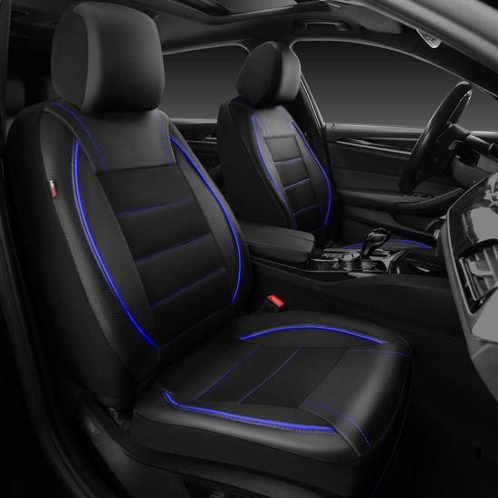 Picture of CAR PASS Universal FIT Piping Leather Two Front Seat Covers, Waterproof Faux Leather for SUV Sedan Van Truck, Airbag Compatible,Reserved Opening Holes for Headrest Covers. (Black and Blue)