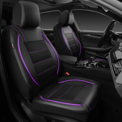 Picture of CAR PASS Universal FIT Piping Leather Two Front Seat Covers, Waterproof Faux Leather for SUV Sedan Van Truck, Airbag Compatible,Reserved Opening Holes for Headrest Covers(Black and Purple)
