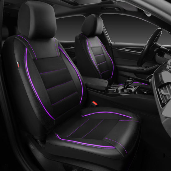 Picture of CAR PASS Universal FIT Piping Leather Two Front Seat Covers, Waterproof Faux Leather for SUV Sedan Van Truck, Airbag Compatible,Reserved Opening Holes for Headrest Covers(Black and Purple)