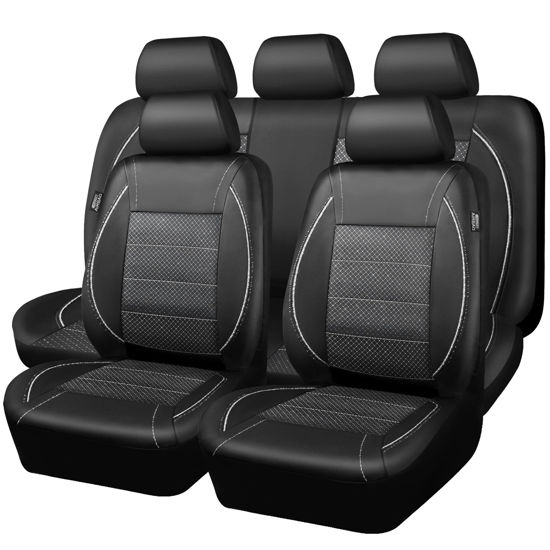 Picture of CAR PASS Piping PU Leather Car Seat Cover Full Set, Inside Zipper Design and Reserved Opening Holes, Airbag Compatible,Universal FIT for Car, SUVs,Van,Trucks（Full Set, Black & Silver