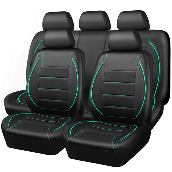 Picture of CAR PASS Universal FIT Piping Leather Car Seat Cover, for suvs,Van,Trucks,Airbag Compatible,Inside Zipper Design and Reserved Opening Holes (Full Set, Black and Mint)