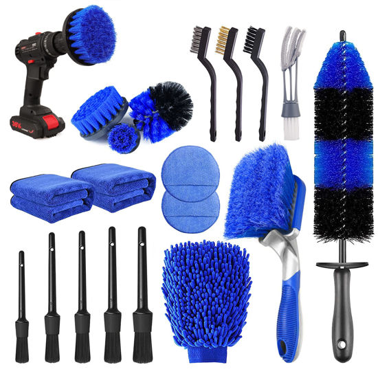 Picture of 20Pcs Car Wheel Tire Detailing Brush Set,Car Detailing kit,Car Detailing Brushes,Auto Detailing Drill Brush Set,17" Long Handle Rim Wheel Brush,Tire Brush,Car Cleaning Kit for Wheels,Interior,Exterior