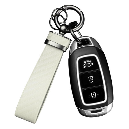 Picture of Turcee Carbon Fiber Car Keychain,Automotive Interior Accessories Keychains Leather Car Key Fob,Car Accessories Key Ring&Anti-Lost D-Ring(White)
