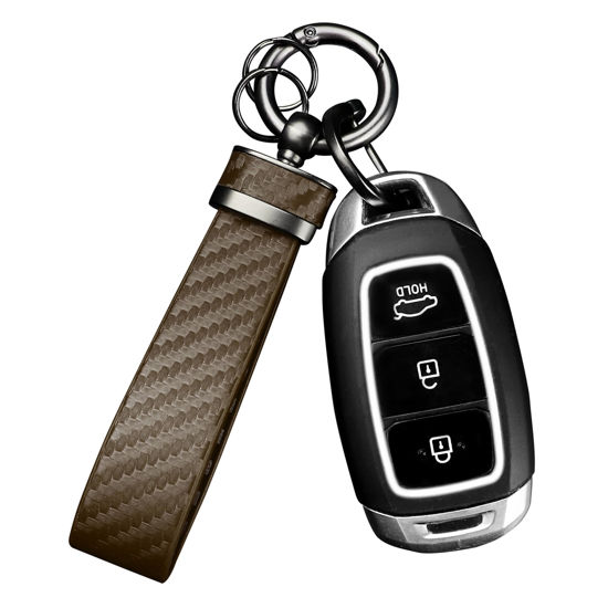 Picture of Turcee Carbon Fiber Car Keychain,Automotive Interior Accessories Keychains Leather Car Key Fob,Car Accessories Key Ring&Anti-Lost D-Ring(Brown)