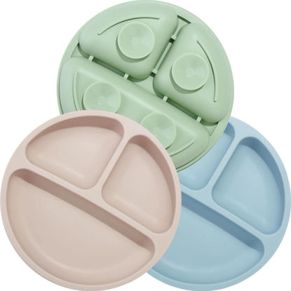Picture of PandaEar Divided Unbreakable Silicone Baby and Toddler Plates - 3 Pack - Non-Slip - Dishwasher and Microwave Safe - Silicone (Blue Green Brown)