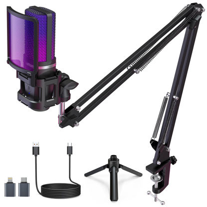 Picture of ZealSound Gaming USB Microphone,Noise Cancellation Condenser mic,RGB Microphone with Mute,Gain,Monitoring,Boom Arm,Pop Filter for Phone,PC,Computer,PS4,PS5,Mac,Streaming,Podcast,Twitch,YouTube,Discord