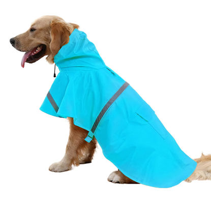 Picture of NACOCO Large Dog Raincoat Adjustable Pet Water Proof Clothes Lightweight Rain Jacket Poncho Hoodies with Strip Reflective (XXL, Lake Blue)