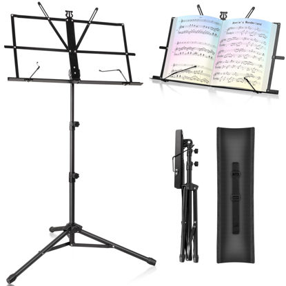 Picture of Music Stand New bee Foldable & Portable Metal Sheet Music Stand with Carrying Bag, Adjustable Podium Stand with Tripod Base and Sheet Music Folder - Black