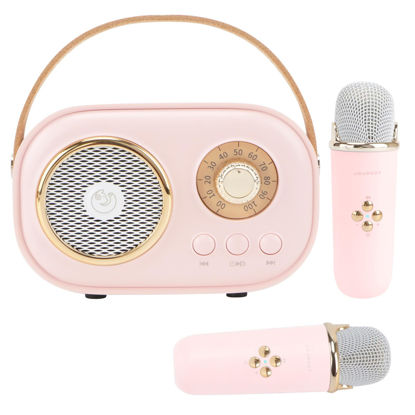 Picture of Aresrora Mini Karaoke Machine for Kids,Portable Bluetooth Speaker with 2 Wireless Microphone,Toys for Girls Boys Gifts,Retro Speaker Set Stereo Sound Enhanced Bass for Home Party Birthday (Pink)