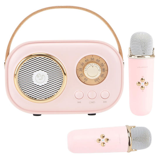 Picture of Aresrora Mini Karaoke Machine for Kids,Portable Bluetooth Speaker with 2 Wireless Microphone,Toys for Girls Boys Gifts,Retro Speaker Set Stereo Sound Enhanced Bass for Home Party Birthday (Pink)