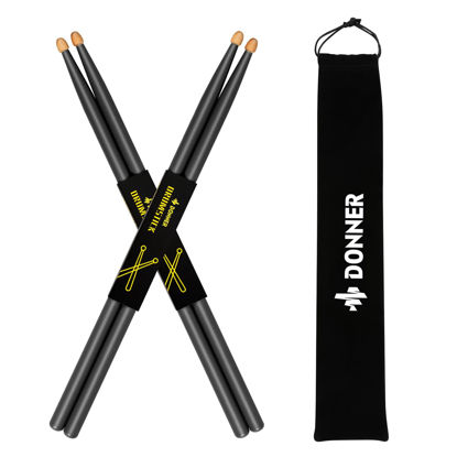 Picture of Donner Drum Sticks, 7A Snare Black Drumsticks Classic Maple Wood Drum Sticks with Carrying Bag, 2 Pairs