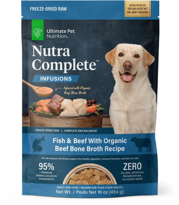 Picture of ULTIMATE PET NUTRITION Nutra Complete Bone Broth Infusions, 100% Freeze Dried Veterinarian Formulated Raw Dog Food with Antioxidants Prebiotics and Amino Acids (1 Pound, Bone Broth Fish)