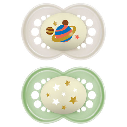 Picture of MAM Night Pacifiers (2 Count), MAM Pacifiers 6+ Months, Best Pacifier for Breastfed Babies, Glow in The Dark Pacifier, Baby Unisex Pacifier, 6-16- 2 Count (Pack of 1)