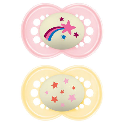 Picture of MAM Night Pacifiers (2 Count), MAM Pacifiers 6+ Months, Best Pacifier for Breastfed Babies, Glow in the Dark Pacifier, Baby Girl Pacifier (Design may vary), 6-16 (Pack of 2)