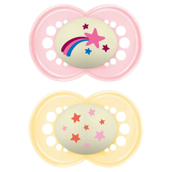 Picture of MAM Night Pacifiers (2 Count), MAM Pacifiers 6+ Months, Best Pacifier for Breastfed Babies, Glow in the Dark Pacifier, Baby Girl Pacifier (Design may vary), 6-16 (Pack of 2)
