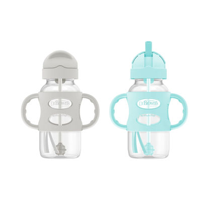 Picture of Dr. Brown's Milestones Wide-Neck Sippy Straw Bottle with 100% Silicone Handles and Weighted Straw, 9 oz/270 mL, Gray & Green, 6m+