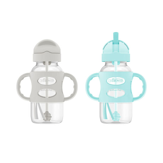 Picture of Dr. Brown's Milestones Wide-Neck Sippy Straw Bottle with 100% Silicone Handles and Weighted Straw, 9 oz/270 mL, Gray & Green, 6m+