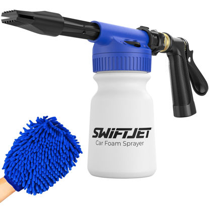 Picture of SwiftJet Car Wash Foam Gun + Microfiber Wash Mitt - Car Foam Sprayer - Car Wash Kit - Foam Cannon Garden Hose Sprayer - - Car Accessories for Men - Snow Foam Blaster (Blue Foam Gun with Mitt)
