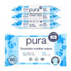 Picture of Pura Flushable Toddler Wipes 3 x 60 Wipes (180 Wipes), 100% Plastic Free, 99% Water, Hypoallergenic & Fragrance Free, Totally Chlorine Free, Kids Toilet Wipes, Potty Training
