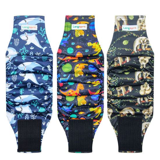 Picture of Langsprit Male Belly Bands for Dogs (Pack of 3) - Dog Diapers Male - High Absorbing Dog Wraps Male Washable - Reusable Small Doggy Doggie Puppy Male Dog Diapers (Sloth,Whale,Dinosaur, Medium)